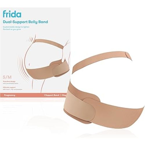 Frida Mom Dual Support Pregnancy Belly Band S/M, Maternity Belly Band with Ultimate Support Back, Hip & Pelvic, Adjustable, Lightweight, Breathable & Comfy, Supports Bump as Baby Grows, Clay
