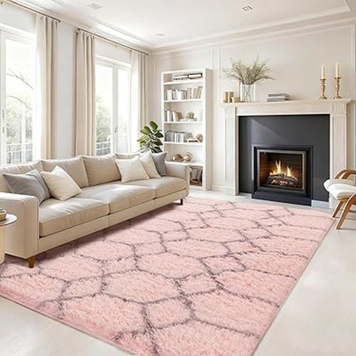 Large Rugs for Living Room, 8x10 Fluffy Pink Bedroom Area Rug, Shag Geometric Soft Fuzzy Carpets Big Kids Room Rug, Non-Slip Plush Modern Rug for Office Home Decor Aesthetic, Pink/Grey
