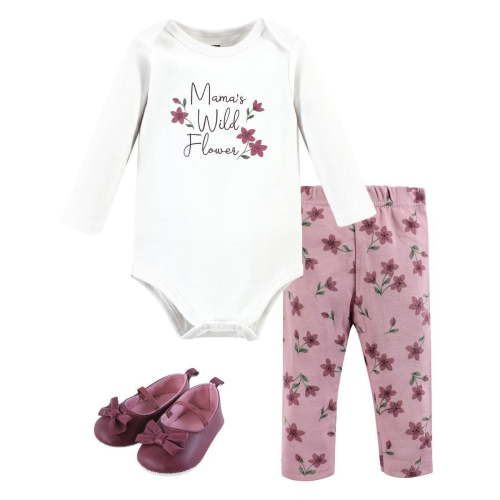 Hudson Baby Infant Girl Cotton Long-Sleeve Bodysuit, Pant and Shoe Set, Plum Wildflower, 6-9 Months
