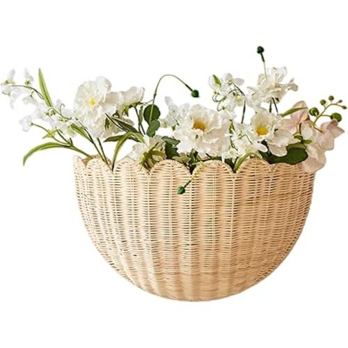 Scalloped Wall Hanging Basket, Hand Woven Rattan Wall Storage Shelf for Home, Boho Wall Decor for Bathroom, Living Room, Nusery Room (16" x 10" x 7")