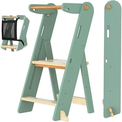 GROWNSY Foldable Step Stool Toddler Tower, Toddler Kitchen Stool Helper, Collapsible Kids Standing Tower with 3 Adjustable Heights and Safety Net for Kitchen Bathroom Sink Counter (Green)