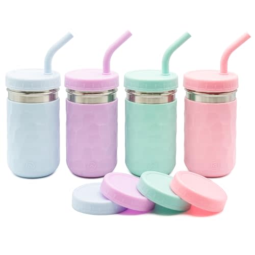 WeeSprout 2-in-1 Drinking Cups for Kids, Durable Stainless Steel Tumbler for Smoothies, Silicone Straws with Stoppers, Premium Plastic Twist Lids, Easy-Grip Sleeves, Set of 4 Dishwasher Safe Kid Cups