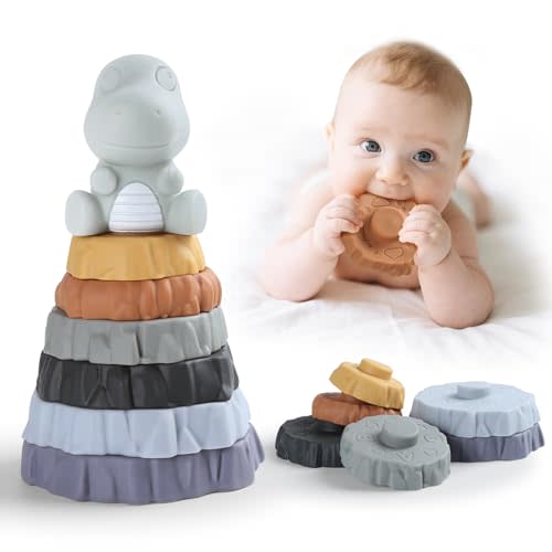 Stacking & Nesting Baby Teething Toy, 7 Pcs Soft Building Rings Stacker Toys with Dinosaur Figure, Newborn Essentials Sensory Learning Toys for 6+ Months Infant Toddler Boys Girls
