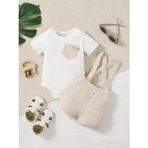 Baby Boy Patched Pocket Bodysuit & Crisscross Back Pinafore Shorts