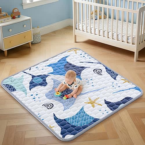 Baby Play Mat 43x43inch - Thick & Soft Ocean Theme Playmat with Ray & Starfish - Padded Crawling Mat for Babies & Toddlers, Non-Slip & Machine Washable Floor for Playpen