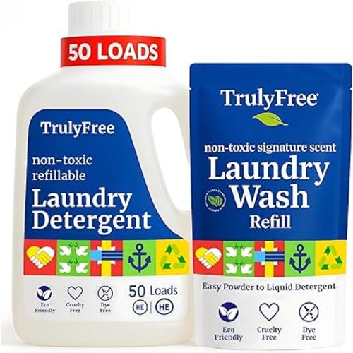 Truly Free Natural Laundry Detergent for Sensitive Skin | Eco Friendly, Plant Based, Baby Clothes Safe | Clean & Easy Powder to Liquid, 1 Pack Detergent + 1 Refillable Jug | Signature Scent, 50 Loads