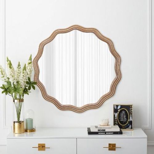 Wooakway 24"H Antique Natural Wood Round Wavy Wall Mirror Farmhouse Decor for Bathroom Living Room Nursery