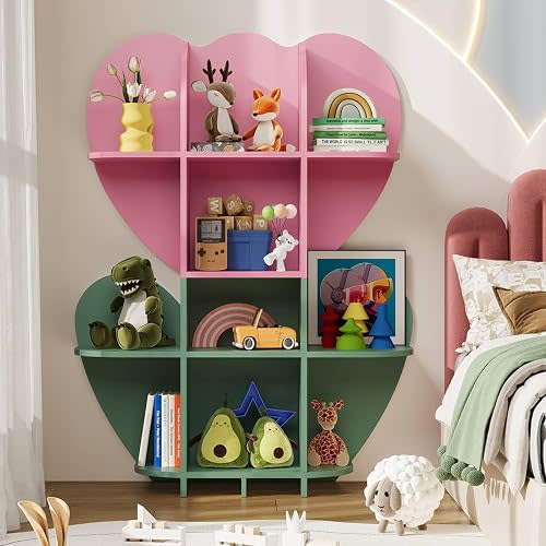 HOOBRO Toy Storage Organizer, Toy Organizers and Storage with 10 Cubbies,Kids Bookshelf and Toy Storage for Books &Toys, Toy Chest Shelf for Playroom, Pink and Green KJ93CW01