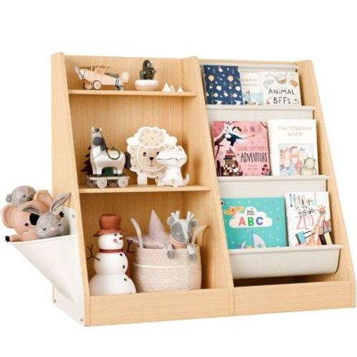 AZL1 Life Concept Kids Bookshelf Book Shelf Sling Bookcase Side Pocket Baby Toy Organizer Nursery Playroom Toddler Childrens, Beige, 32.3"*15.7"*29.5"
