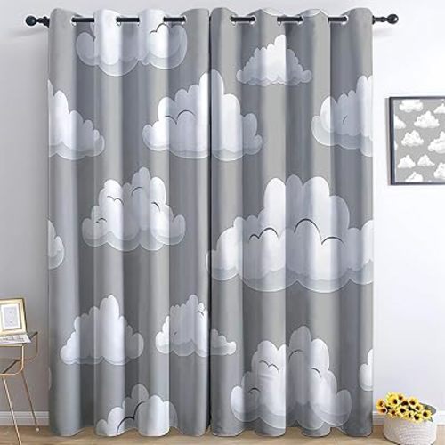 Grey 2 Panels Set Blackout Curtains Simple Dreamy Clouds Pattern, Window Drapes 36W X 84L Inches Grommet Curtains Treatments Heat, Room Decor Privacy Curtain for Living Room Bedroom