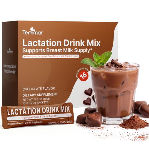 Temimar Lactation Drink Mix for Breastfeeding, with Fenugreek, Milk Thistle, Electrolytes for Healthy Milk Supply Increase & Hydration, Chocolate Flavor, 16 Count