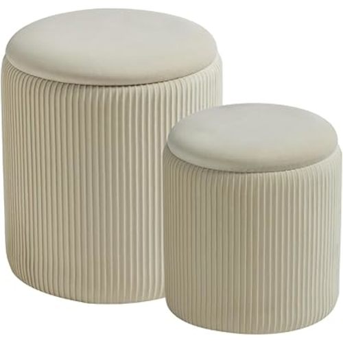 Round Set of 2 Ottoman with Storage-Upholstered Velvet Vanity Stool for MakeupMultifunctional Ottomans Coffee Table Padded Seat Foot Rest for Living Room&Bedroom(White)