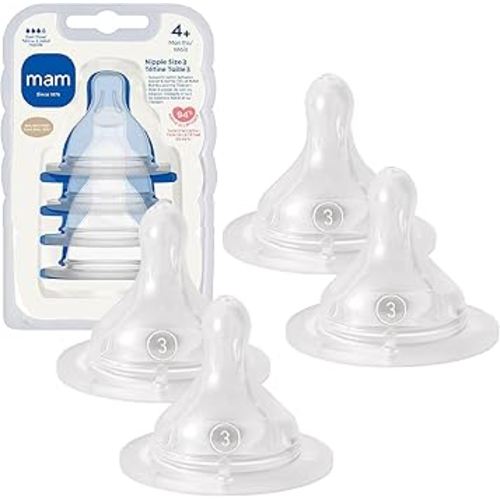 MAM Baby Bottle Nipples Fast Flow Size 3, for 4+ Month Babies, Skin Soft BPA Free Silicone, 94% Nipple Acceptance, Fits All MAM Bottles, Developed with Medical Experts, 4 Pack, Made in Europe