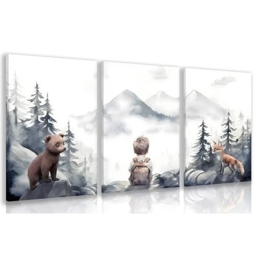 kilamino Neutral Woodland Wild Animal Wall Art, Cute Bear Fox Nursery Wall Decor, Adventure Boy Poster Prints, Vintage Forest Animal Canvas Paintings for Baby Room Classroom Playroom Framed 16"x24"x3