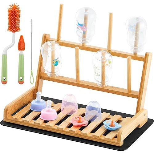 Bamboo Baby Bottle Drying Rack with 3 Cleaning Brushes, 8 Bottles Drying Cleaner Brush Set Space Saving Bottle Organizer for Kitchen Countertop Travel Baby Bottle Storage Clean Accessories