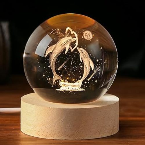 Dolphin Gift 3D Dolphins Figurines in Crystal Ball 60mm Laser Engraved Glass Sphere Home Decor with Wooden Light Base