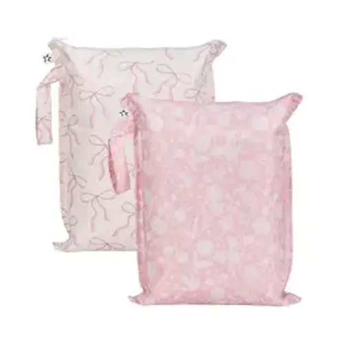 Tiny Twinkle Mess Proof Wet Bags | 2-Pack Reusable Waterproof Wet Bags for Swimsuits | Baby Clothes | Travel & Diaper Bag (Bows,Toile)