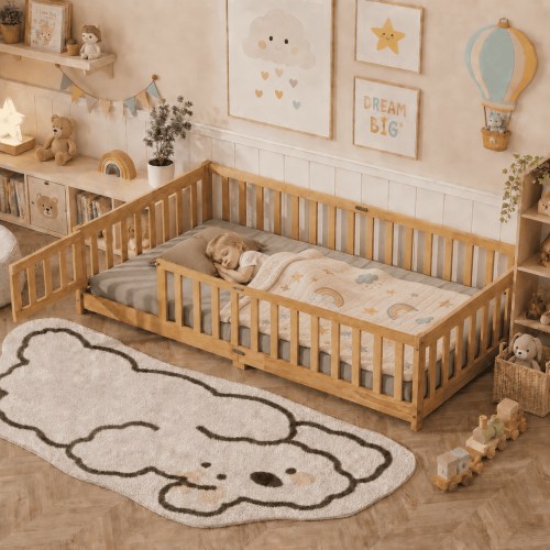 uhomepro Children's Bed Frame, Full Size Toddler Bed with Fence and Door, Platform Floor Bed, No Box Spring Needed, Pink