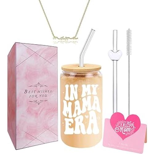 Gifts for Mom – In My Mama Era Glass Cup Gift Set with Mama Necklace – Ready to Gift for Birthday, Thank You and Just Because