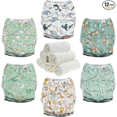 Mama Koala 3.0 Pocket Cloth Diapers for Babies with AWJ Lining, 6 Pack with 6 4-Layer Natural Cloth Diaper Inserts - Reusable and Washable Pocket Diapers (Adorable Animal)