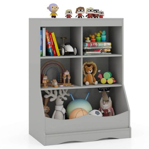 Costway 3-Tier Children's Multi-Functional Bookcase Toy Storage Bin Floor Cabinet Gray/White/Natural