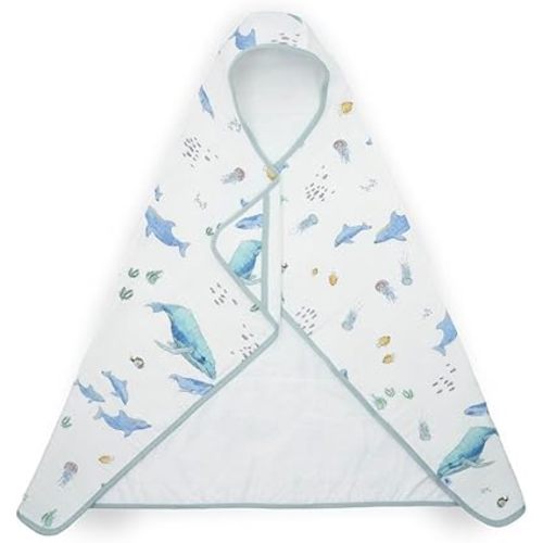 Little Unicorn Premium Hooded Bath Towel| Absorbent Cotton & Terry Blend | Larger Size, 1-6 Years (Whales)