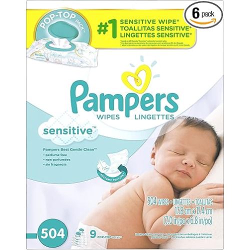 Pampers Sensitive Baby Wipes, Clinically Proven, Fragrance Free, Unscented, Water Based, Hypoallergenic, Multi-Use, Hand Wipes 504 Wipes Total (6X Flip-Top Packs) [Packaging May Vary]