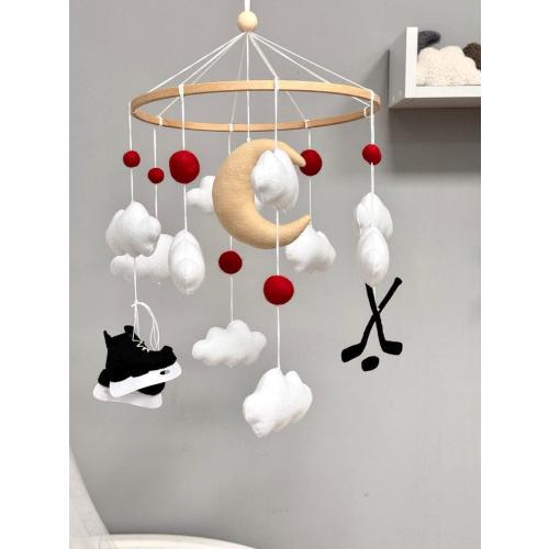 Hockey Baby Mobile, Felt Ice Skates Sticks Crib Decor, Sports Nursery Gift for Boy