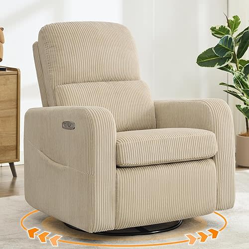Swivel Rocker Recliner, Oversized Power Recliner Nursery Glider with Removable Cushion, Upholstered Corduroy Swivel Reclining Chairs for Nursery Living Room Bedroom, Camel