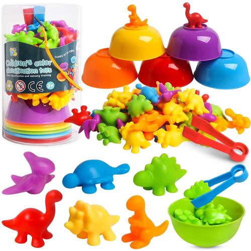 Counting Dinosaurs Toys Matching Games with Stacking Bowls Preschool Color Sorting Montessori STEM
