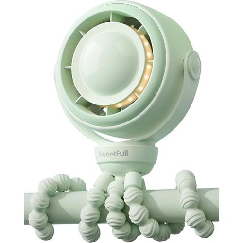 SWEETFULL Baby Stroller Fan - 4000mAh Rechargeable 4-Speed Quiet with LED Display & Night Light, Mini Portable 360° Clip On Safe Fan for Car Seat, Crib, Travel - Green
