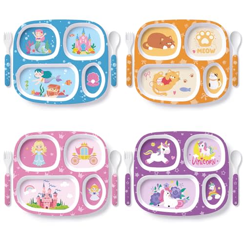 Jinei 4 Set Mermaid Toddler Divided Dinnerware Plate and Utensils | 3 Section Kids Dishes for Portion Control, Toddler Plates with Fork Spoon, BPA Free Plastic, Self Feeding Training