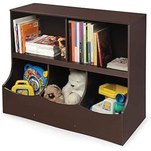 Badger Basket Multi-Bin Toy Storage Organizer and Bookshelf - Kids Cubby Shelf with 3 Bins, 2 Open Shelves, Top Display Surface - Wood Storage Unit for Playroom or Bedroom - Espresso