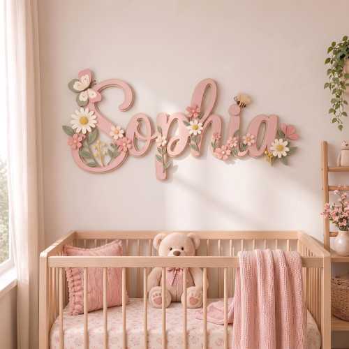 Personalized Floral Name Sign, Custom Wooden Nursery Wall Decor, Butterfly & Flower Baby Girl Name Sign, Baby Shower Gift, Kids Room Decor