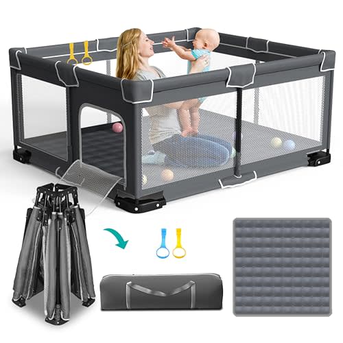 ICAREWAY Foldable Playpen for Babies and Toddlers, 59x71 Inches Portable Playpen, Kids Collapsible Play Pen with 2 Handlers, Indoor & Outdoor Baby Fence Play Area with Visible Mesh, Dark Gray