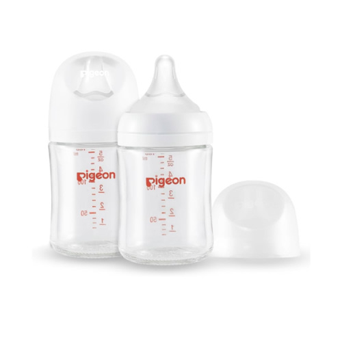 Pigeon Glass Nursing Bottle Wide Neck, Anti-Colic, Streamlined Body, Natural Feel, Easy to Clean, Heat-Resistant, 5.4 Oz(Pack of 2), Includes 2pcs SS Nipples (0m+)