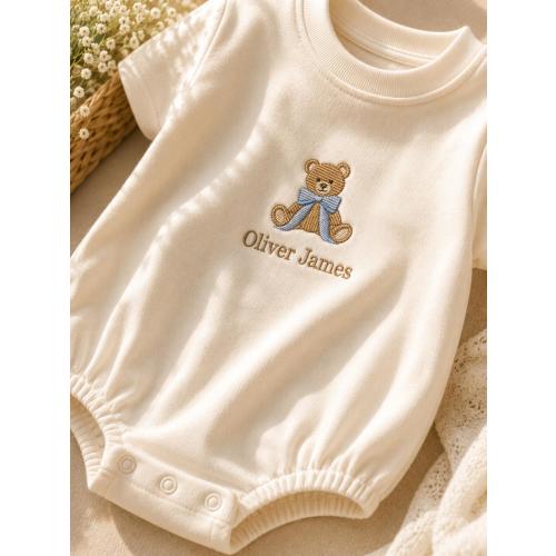 Custom Name Teddy Bear Embroidered Romper, Personalized Baby Boy Outfit, Blue Bow Bodysuit, Baby Gift For Newborn
