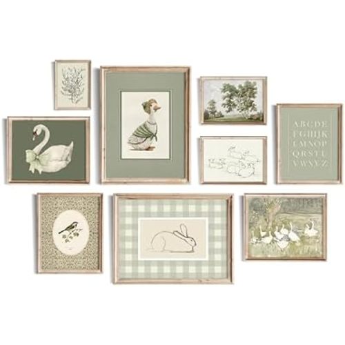 Uniro Sage Green Nursery Wall Art Prints, Vintage Baby Girl Nursery Wall Decor, Cute Kids Room Decor Swan Bunny Duck Brid Landscape Canvas Painting, Antique Green Nursery Poster for Kids Bedroom, Nursery Room Decor- Unframed