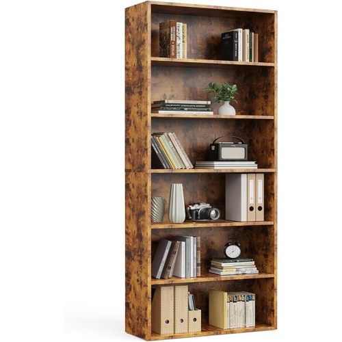 Sweetcrispy Industrial 6 Shelf Bookcase - Large 63 Inch Tall Floor Standing Open Bookshelf with Anti-Tipping Device for Home Office, Living Room, and Bedroom Storage, Rustic Brown