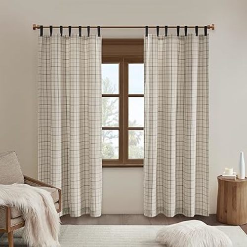 Madison Park Anaheim Cabin Plaid Curtain Window, Thermal Insulated Fleece Lining, Living Room Decor Room Darkening Drape for Bedroom, 1-Single Panel Pack, 50" x 84", Faux Leather Tab, Natural