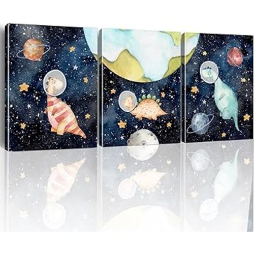 Dino Outer Space Decor: Astronaut Space Wall Art (Set of 3 - 12x15 Inch) for Kids Bedroom, Toddler Room, Playroom
