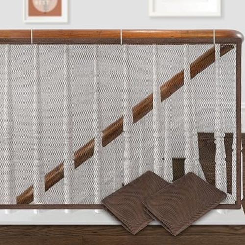 2 Pack Banister Guard for Baby, 10ft x 2.6ft Indoor Outdoor Baby Safety Stair Railing Net Balcony Banister Rail Guard Child Safety, Dark Brown