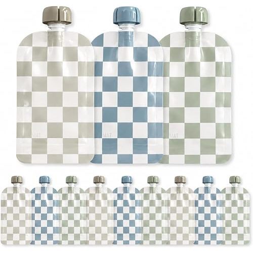Hippypotamus Reusable Baby Food Pouches for Toddlers - BPA Free Food Grade - Dishwasher & Freezer Safe - Baby Food Containers - Refillable Squeeze Pouch For Applesauce & Yogurt - 12 Pack (Checkered)