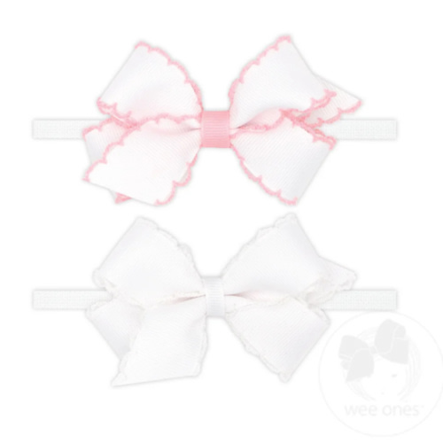 GIFT PACK! Two Mini Grosgrain Bows with Moonstitch Edge on Skinny Nylon Band - WHL/WHW | Wee Ones Hair Bows & Accessories