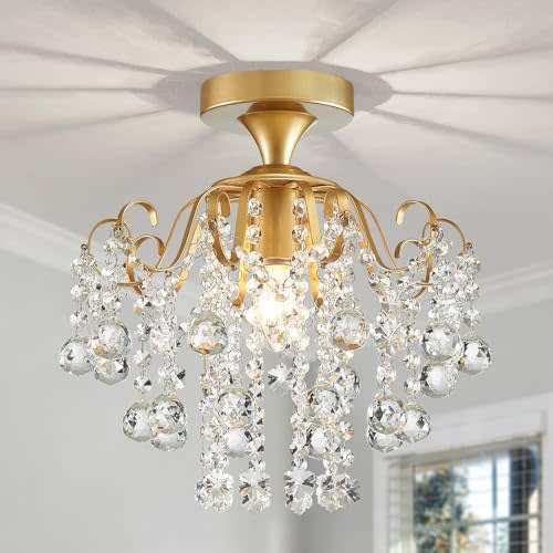 WUZUPS Crystal Chandelier Flushmount Ceiling Light Modern Lighting Fixture for Bedroom Hallway Bar Kitchen Bathroom, H 13.4" x W 12.6", E26 Base, Gold