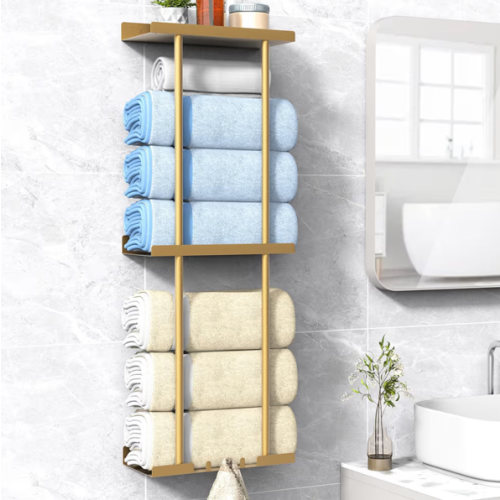 Liuoud Towel Rack for Bathroom, Wall Mounted Vertical Rolled Towel Storage Organizer Holder with Shelf, Holds Up 6 Large Bath Sheets, Gold