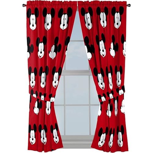 Jay Franco Kids Window Drapes - 4 Piece Curtain Set Includes 2 Tiebacks, Beautiful Bedding Room Décor and Easy Set Up, Red - Mickey Mouse, 63 Inch