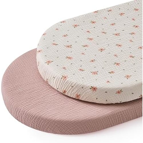Blissful Diary Muslin Bassinet Sheets for Baby Girls Boys, Boho Soft Cotton Fitted for Oval Hourglass Rectangle Mattress, 2 Pack(Pink Floral&Light Pink)
