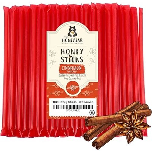 The Honey Jar Cinnamon Flavored Honey Sticks - Pure Honey Straws For Tea, Coffee, or a Healthy Treat - One Teaspoon of Flavored Honey Per Stick - Made In The USA with Real Honey - (50 Count)