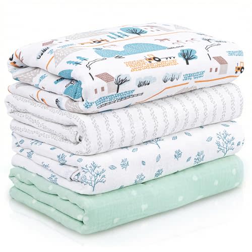 Muslin Swaddle Blankets for Newborn, 4 Pack Cotton Baby Blankets, Large 31.5 x 43.3 inch Breathable Soft Receiving Blanket, Essentials Swaddle Wrap Burping Clothes, Blue Farm Country